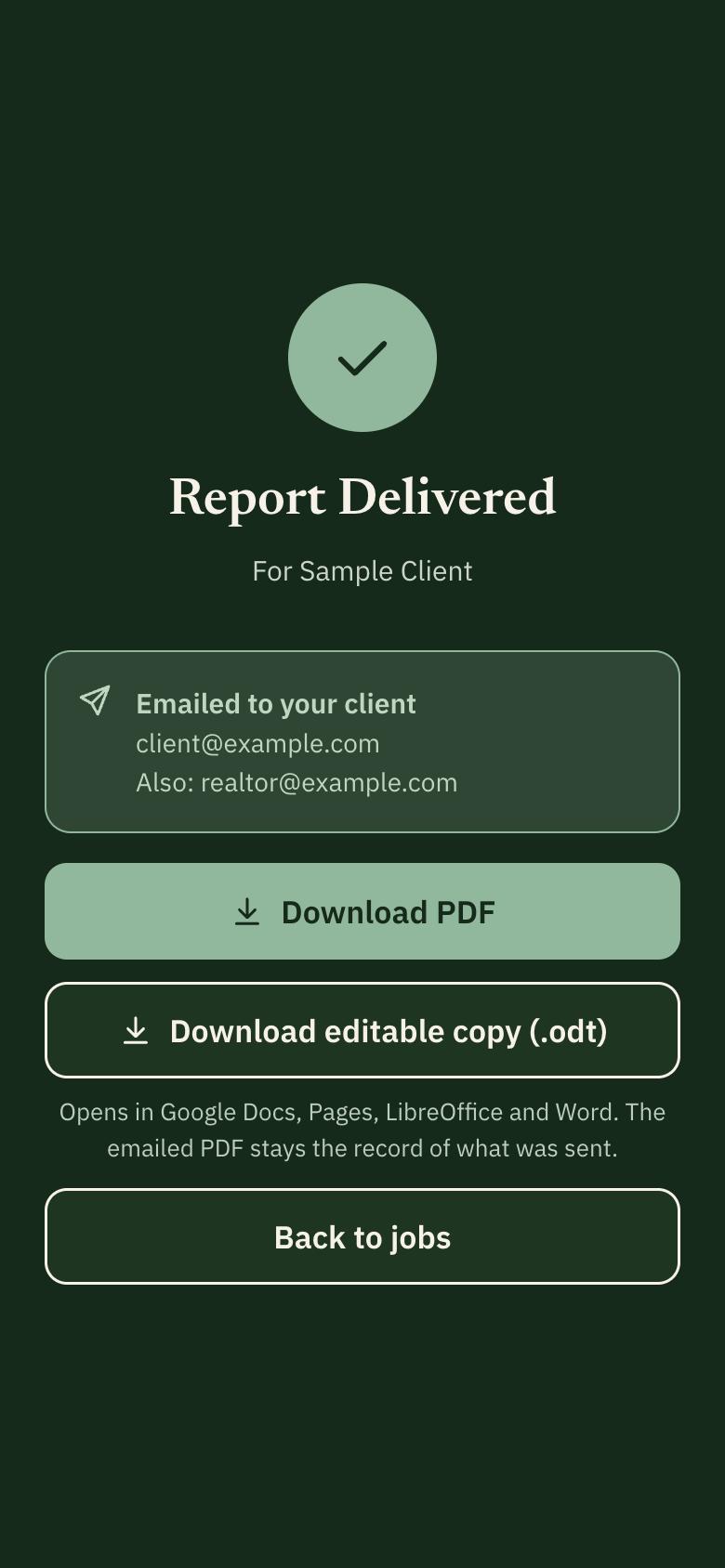 Praxis delivered screen with PDF and editable copy downloads